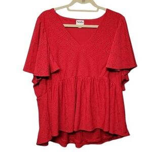 Arula Top Shirt Plus Size 3X Red Peplum Eyelet Lace Flutter Sleeve Boho Romantic